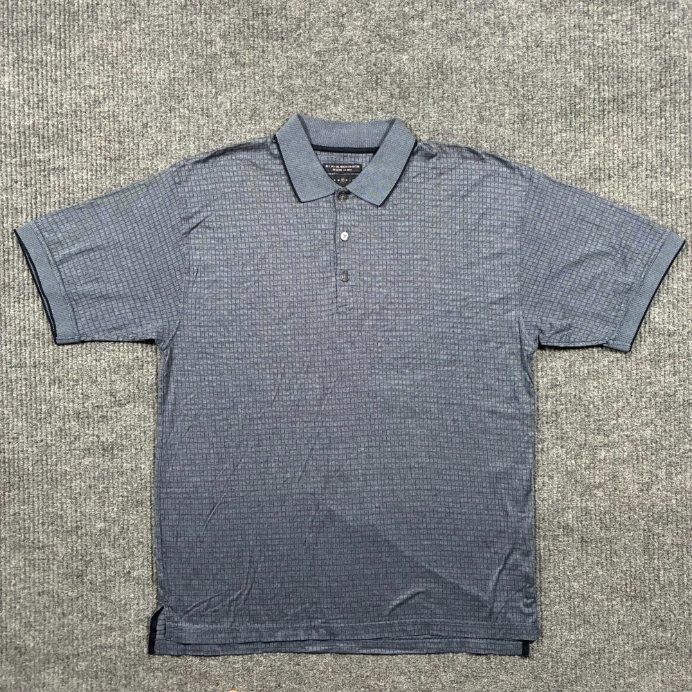Siegfried‎ Mens Polo Shirt Size Large Gray Check Mercerized Cotton Short Sleeve